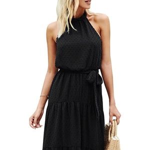 Black halter dress with sheer overlay
